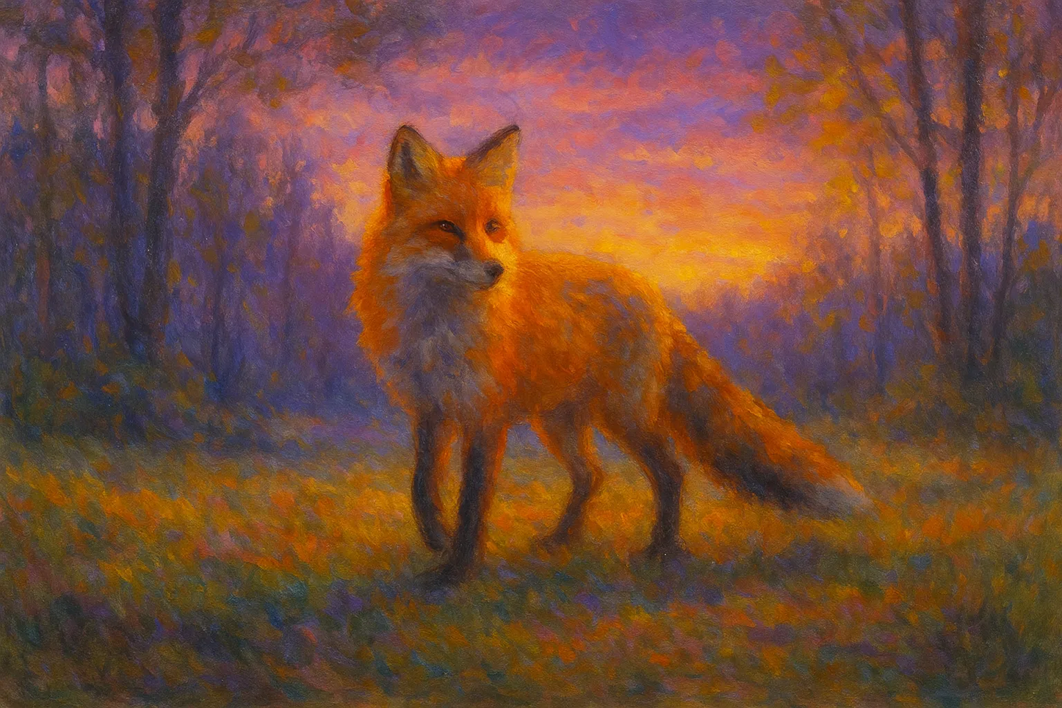 キツネの印象派スタイルの絵｜夕暮れの森に立つキツネの印象派スタイルの絵は、赤橙の毛並みが紫の空に映え、神秘的で凛とした存在感を放っています。光と影の対比が幻想的な情景を強調しています。