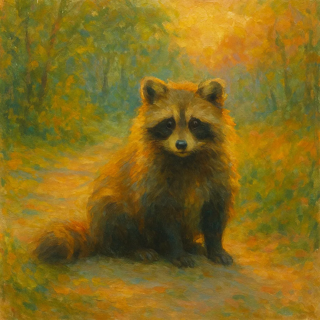 たぬきの印象派スタイルの絵｜林道に座るたぬきの印象派スタイルの絵は、金色の光を受けた毛並みと柔らかな筆触が温かみを感じさせます。瞳の表現が親しみやすく、素朴な魅力が引き立っています。