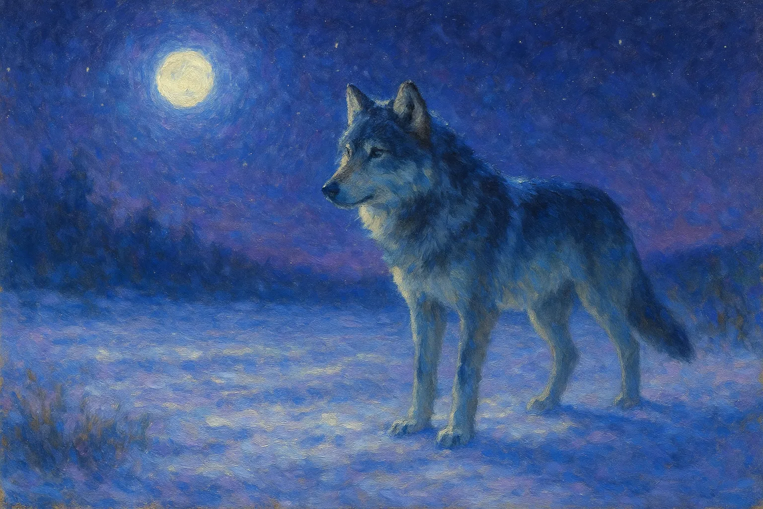 狼の印象派スタイルの絵｜月明かりに照らされる狼の印象派スタイルの絵は、青の濃淡で夜の静寂を描き、孤高で力強い姿を際立たせています。幻想的な空気感が詩的な印象を生み出しています。