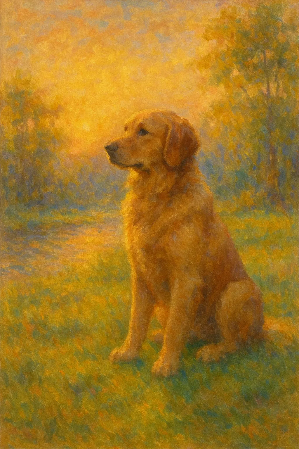 犬の印象派スタイルの絵｜夕暮れの温かな光に照らされた犬の印象派スタイルの絵は、毛並みが光をまとって輝き、忠実さと落ち着きを表現しています。柔らかな色調が心地よい余韻を残します。