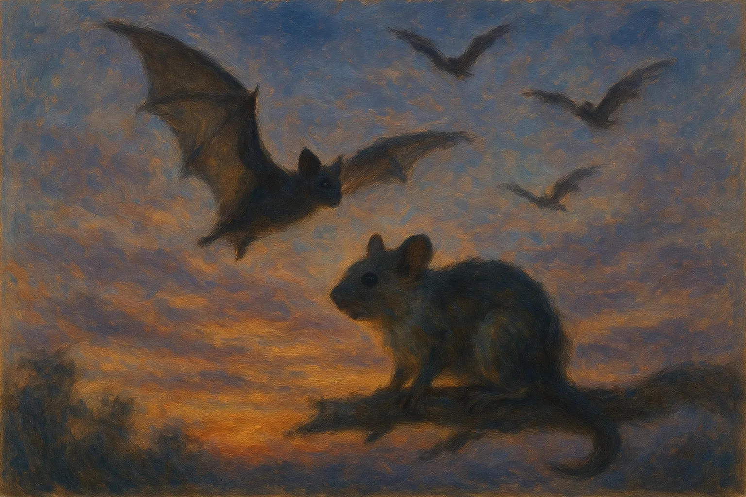 コウモリの印象派スタイルの絵｜夕暮れの空を舞うコウモリの印象派スタイルの絵は、群青と橙のコントラストで幻想的に描かれています。柔らかな筆致が夜の神秘を際立たせ、静寂と躍動を同時に感じさせます。