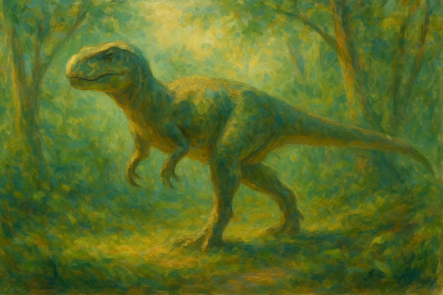 恐竜の印象派スタイルの絵｜森の中を歩く恐竜の印象派スタイルの絵は、緑の光が揺らめく筆致で描かれ、原始的な迫力と幻想的な雰囲気を同時に表現しています。古代の世界が詩的に浮かび上がります。