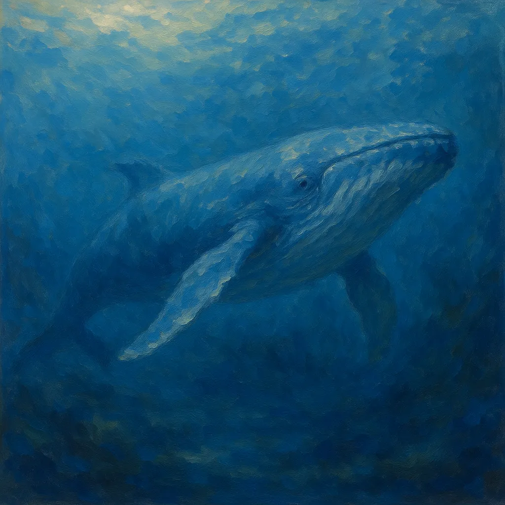 クジラの印象派スタイルの絵｜深海を泳ぐクジラの印象派スタイルの絵は、青の濃淡で包み込むように描かれ、壮大な存在感と静謐な美しさが調和しています。水中の光の表現が幻想的です。