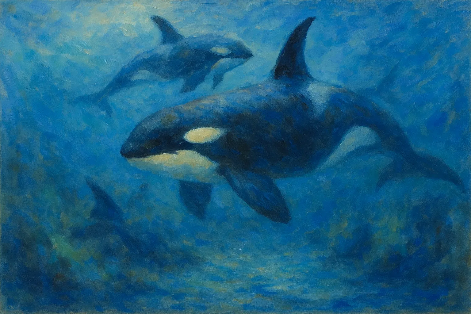 シャチの印象派スタイルの絵｜群れで泳ぐシャチの印象派スタイルの絵は、黒と白のコントラストが青い海に映え、力強さと優雅さを感じさせます。柔らかな筆触が生命感を鮮やかに描き出しています。