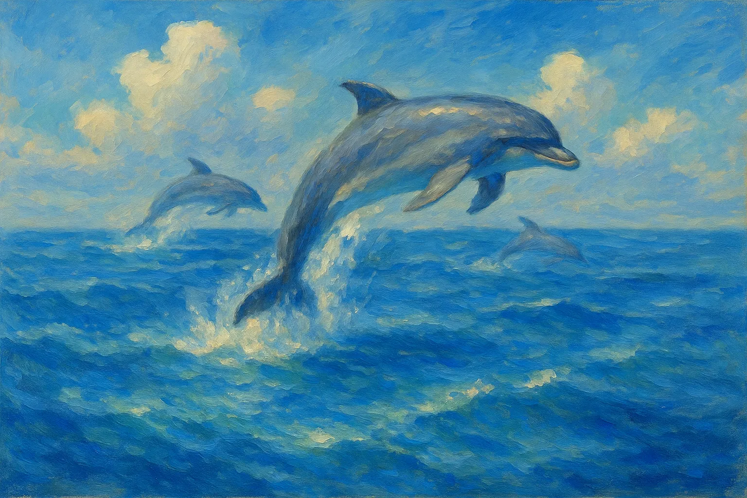 イルカの印象派スタイルの絵｜海面を跳ねるイルカの印象派スタイルの絵は、鮮やかな青と白の光が軽やかに表現され、自由で楽しげな雰囲気が溢れています。動きのある筆致が爽快感を演出しています。