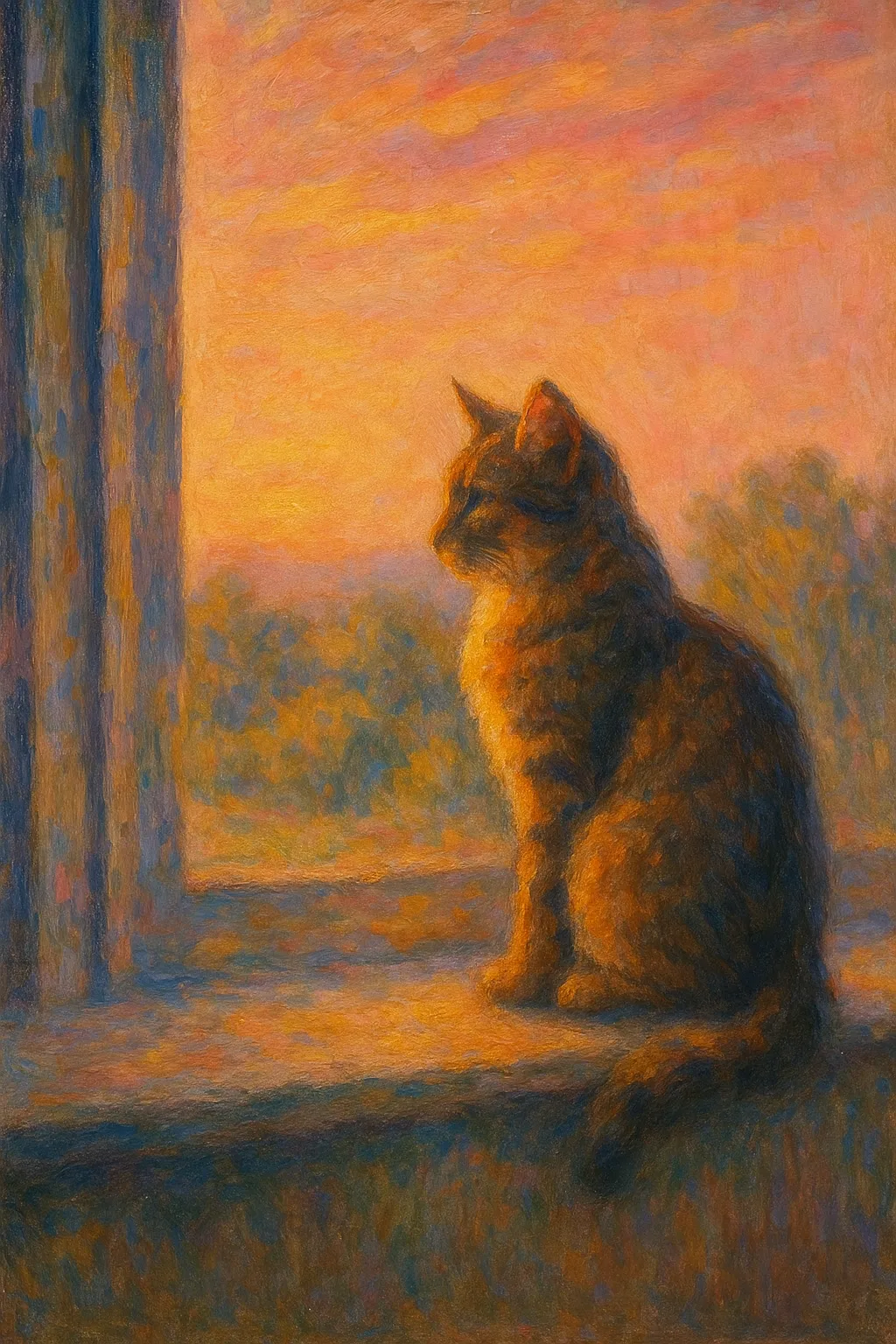 猫の印象派スタイルの絵｜窓辺に座る猫の印象派スタイルの絵は、暮れなずむ光の中でシルエットが際立ち、穏やかな時間を感じさせます。筆触の重なりが静謐な余韻を漂わせています。