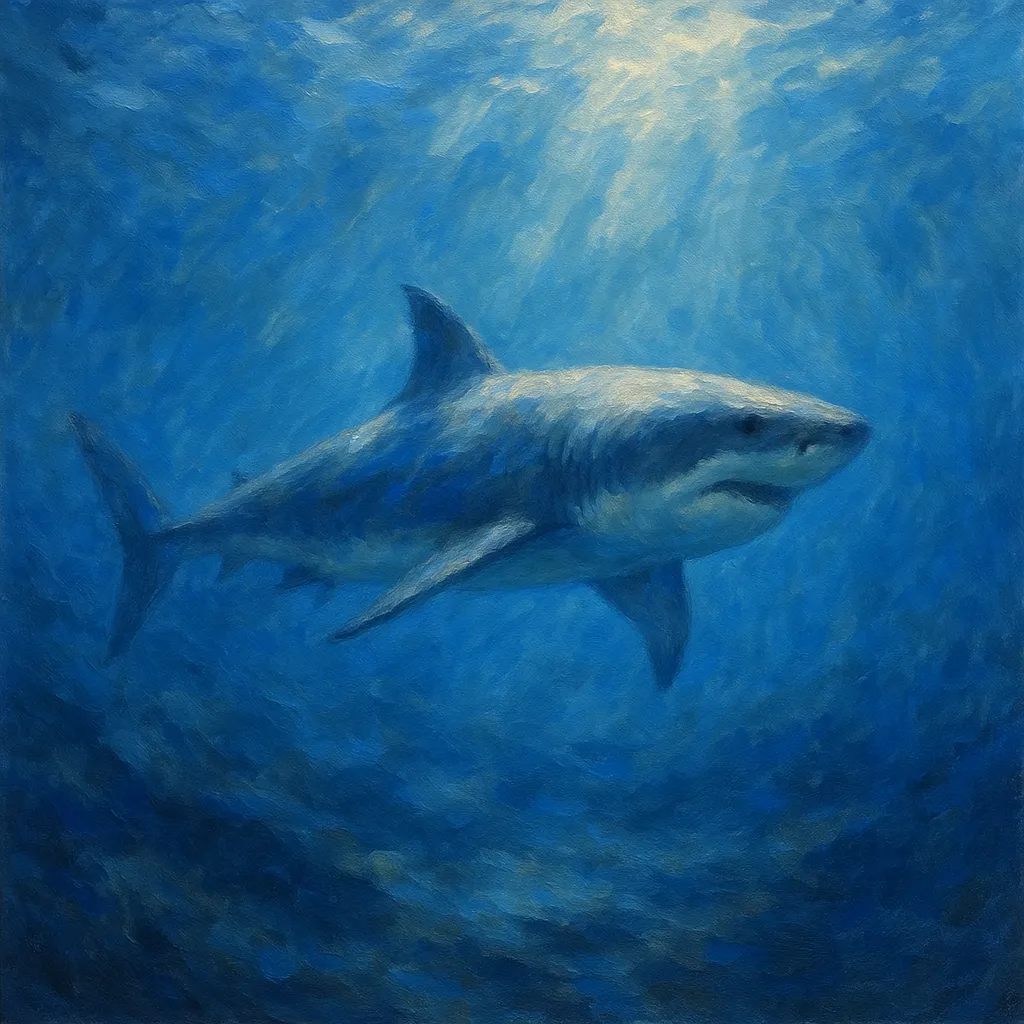 サメの印象派スタイルの絵｜光を浴びて泳ぐサメの印象派スタイルの絵は、海の深みを感じさせる青の表現と鋭い姿が融合し、迫力と神秘性を漂わせています。筆致の揺らぎが臨場感を高めています。