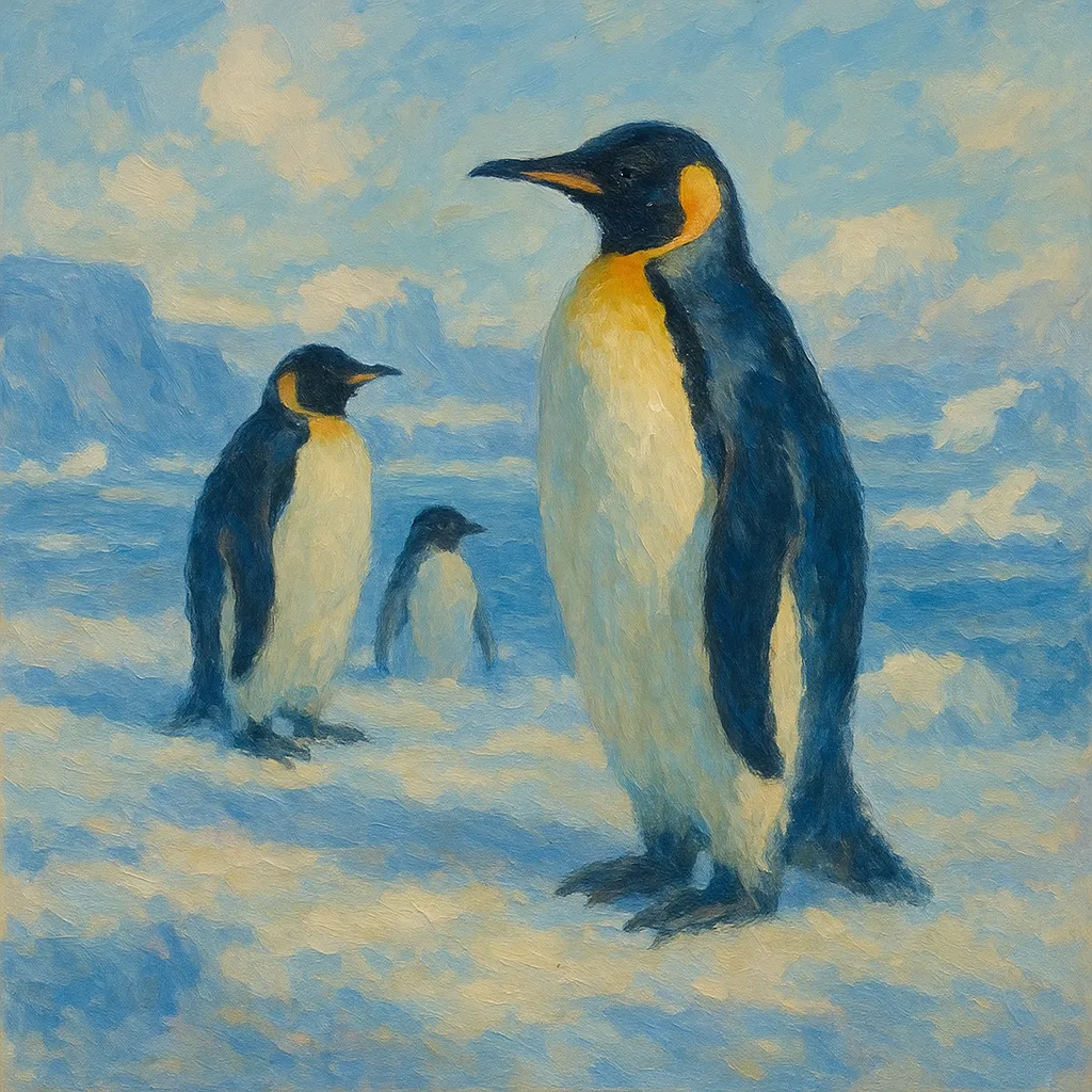 ペンギンの印象派スタイルの絵｜雪原に立つペンギンの印象派スタイルの絵は、白と黒のコントラストが澄んだ青に映え、清らかな世界観を描き出しています。群れの姿が安心感を生み出しています。