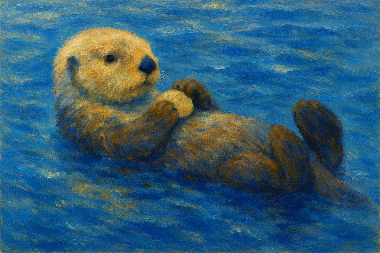 ラッコの印象派スタイルの絵｜水面に浮かぶラッコの印象派スタイルの絵は、青い揺らぎと金色の光が繊細に表現され、愛らしい仕草とともに静かな癒しを感じさせています。温もりある雰囲気が漂います。