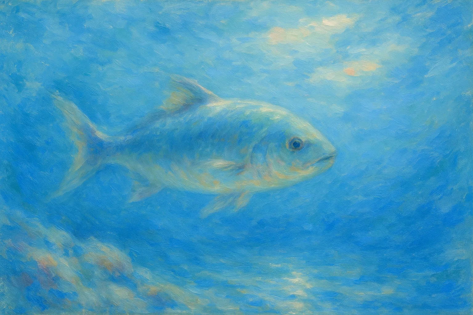 魚の印象派スタイルの絵｜透き通る青に包まれた魚の印象派スタイルの絵は、水中に差し込む光が柔らかに揺れ、自然の静けさをそのまま描き出しています。幻想的な透明感が広がります。