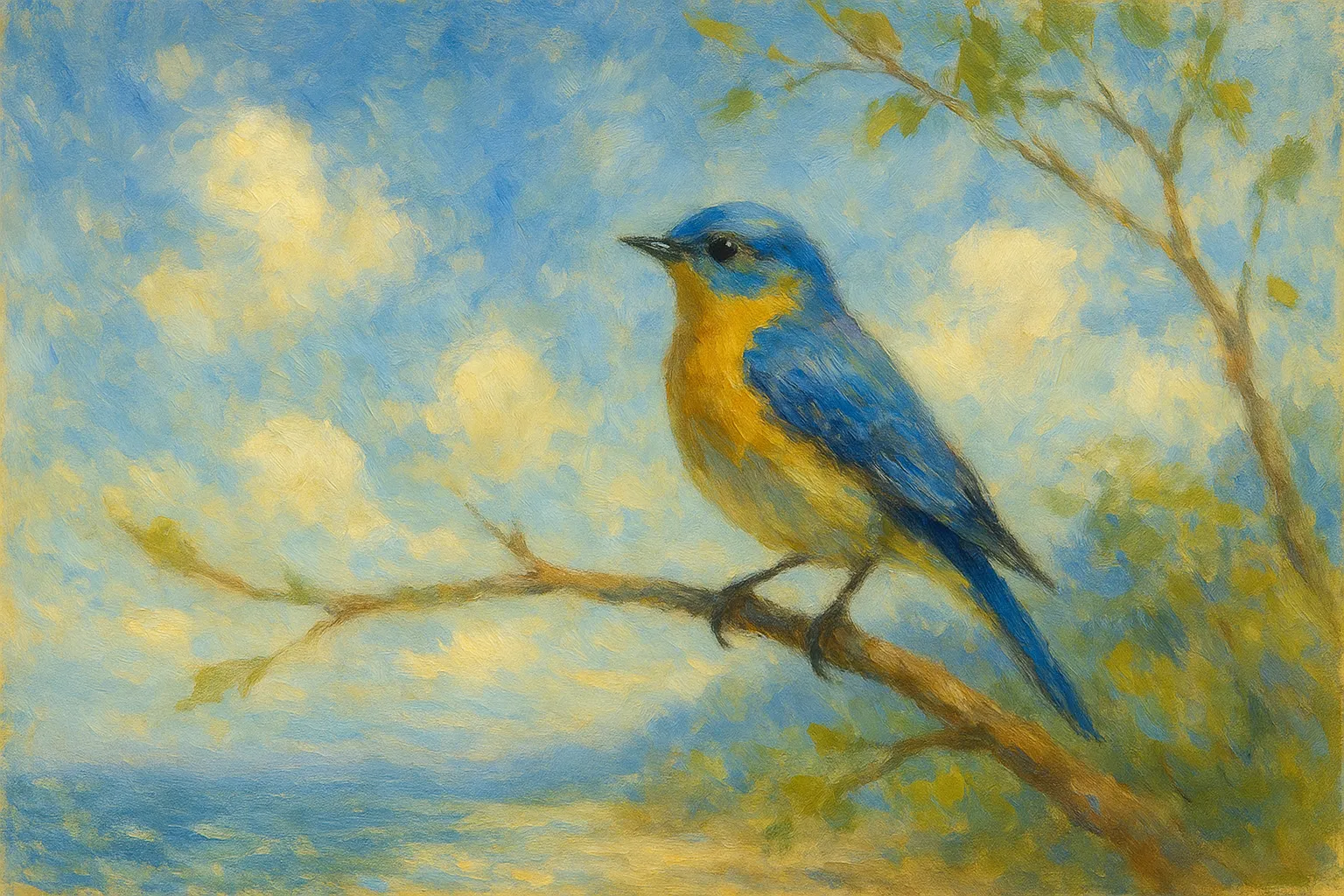 鳥の印象派スタイルの絵｜枝に止まる鳥の印象派スタイルの絵は、空の青と羽根の鮮やかさが対比され、清涼感に満ちた景色を描き出しています。自然の優雅さと軽やかさが印象的です。