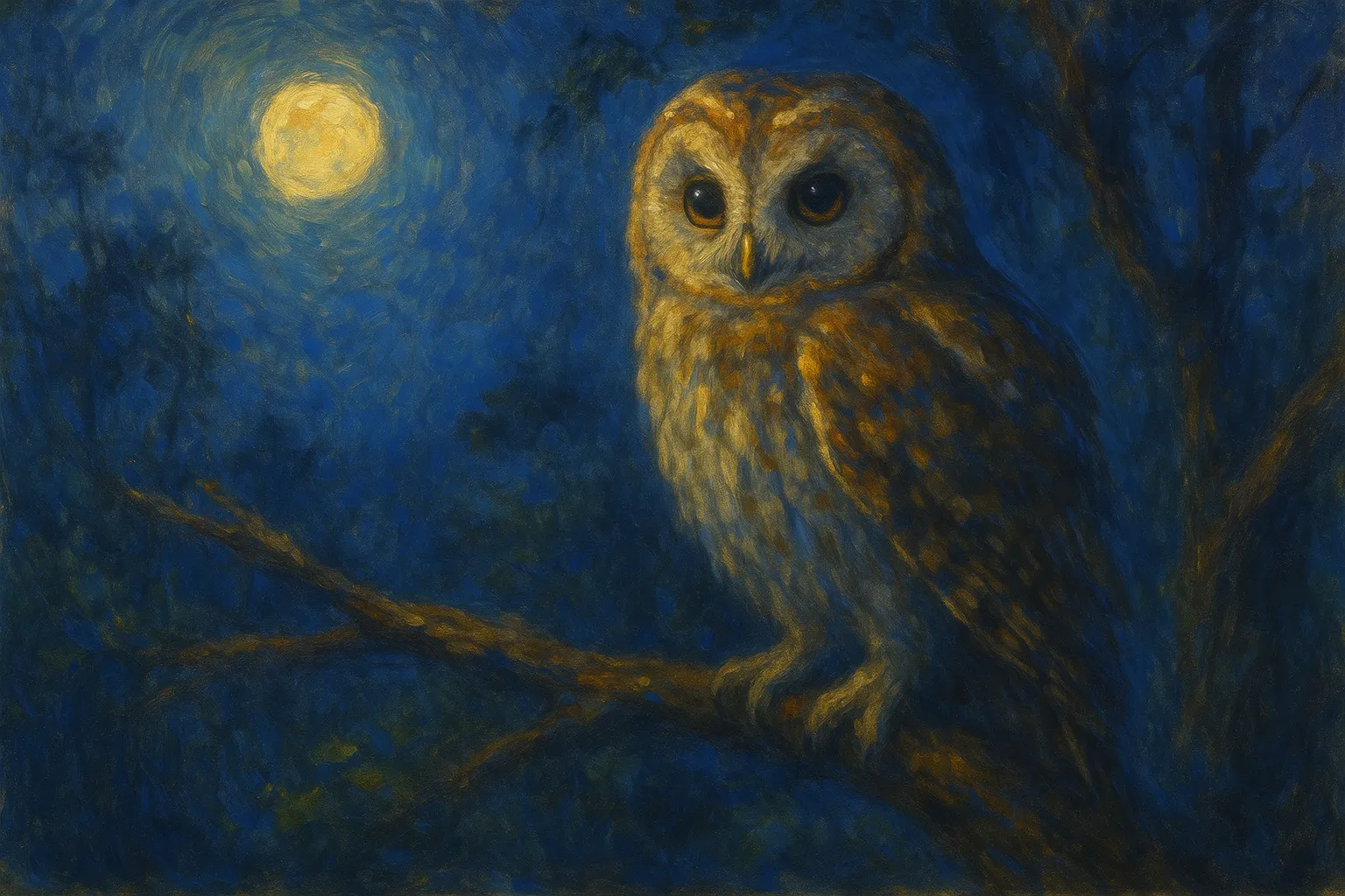 フクロウの印象派スタイルの絵｜月夜に佇むフクロウの印象派スタイルの絵は、深い青の中に黄金の光が響き、神秘的で静謐な世界を創り出しています。夜の森の存在感が際立つ表現です。