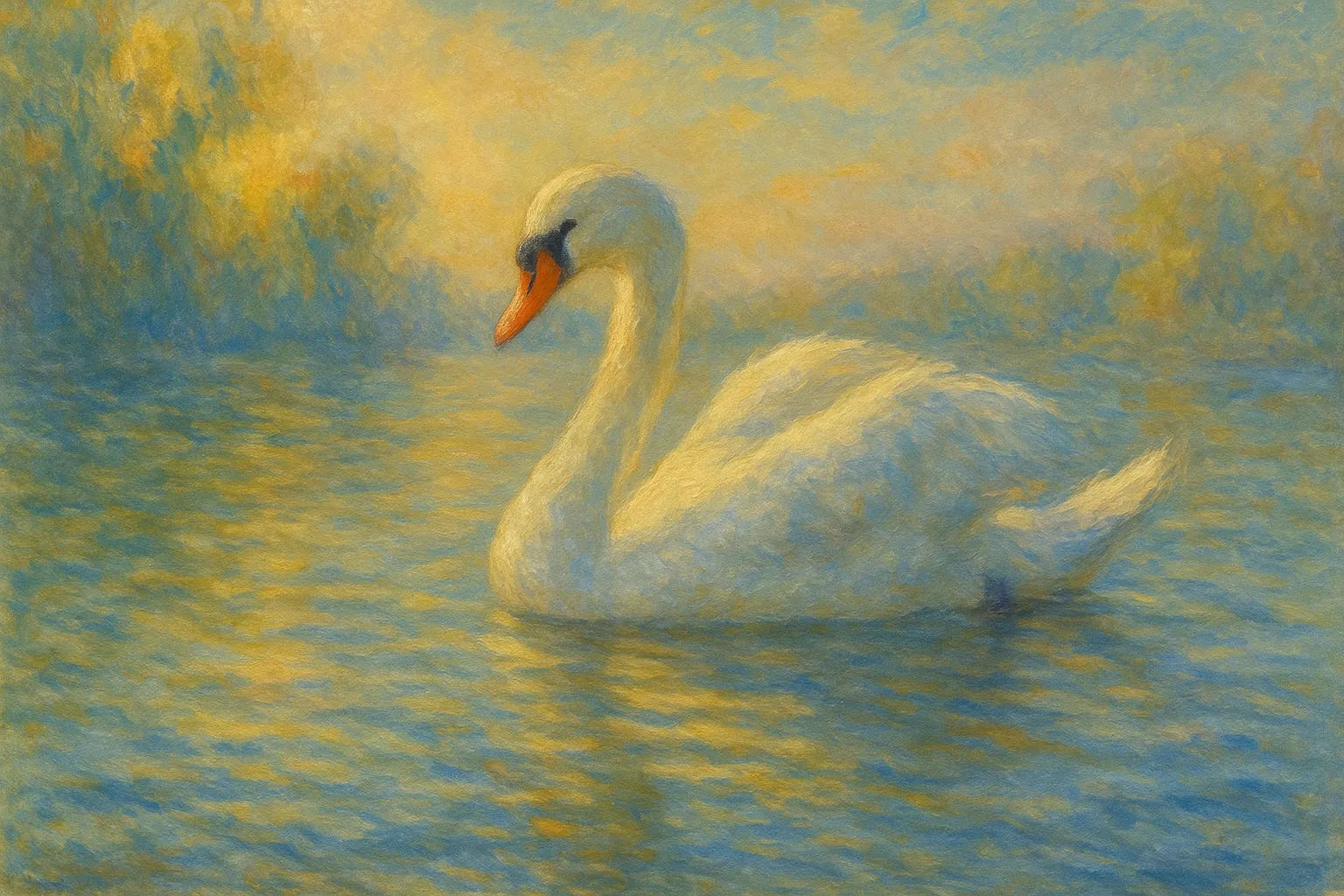 白鳥の印象派スタイルの絵｜湖面に浮かぶ白鳥を印象派スタイルの絵で表現し、穏やかな水面の揺らめきと光の反射が優雅な佇まいを強調しています。柔和で静謐な美しさが漂います。