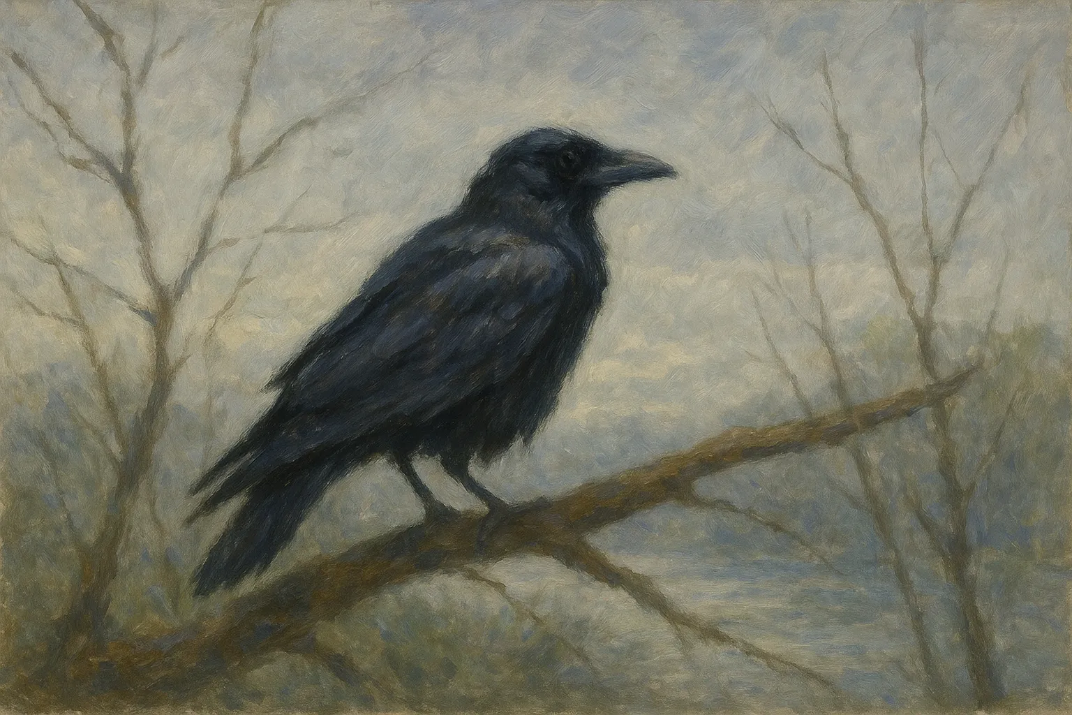 カラスの印象派スタイルの絵｜木の枝にとまるカラスを印象派スタイルの絵で表現し、曇天と淡い光の中で黒い羽が印象的なコントラストを生み出しています。静かで神秘的な雰囲気が漂います。