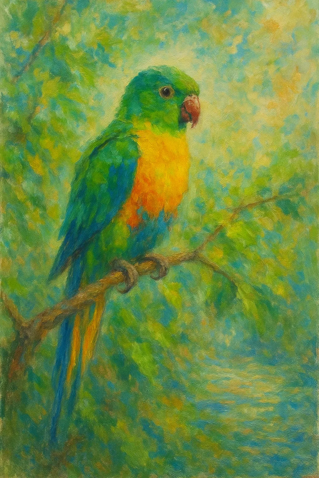 インコの印象派スタイルの絵｜鮮やかな羽色を持つインコを柔らかなタッチで描いた印象派スタイルの絵です。緑や青の濃淡が光に溶け込み、背景の木々と一体化するように表現されています。温かな黄色がアクセントとなり、生命感あふれる雰囲気が広がります。