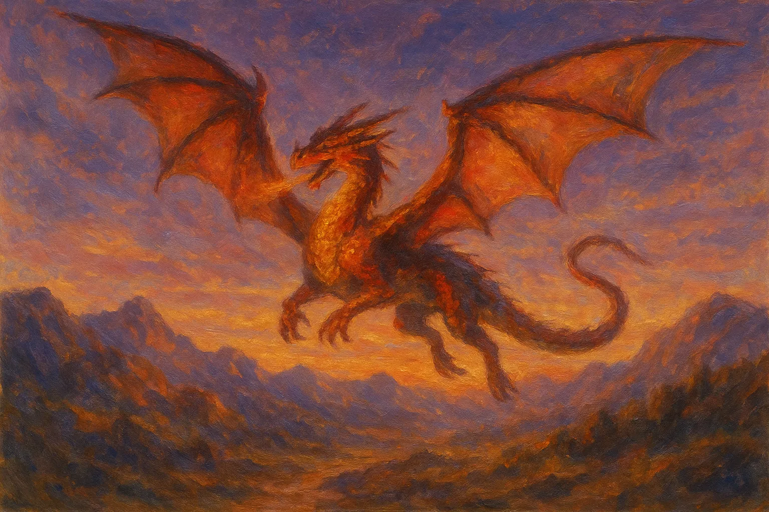 ドラゴンの印象派スタイルの絵｜夕焼けの空を舞うドラゴンを力強く描いた印象派スタイルの絵です。赤と橙の炎のような色彩が空に溶け込み、壮大な迫力を持ちながらも幻想的な印象を与えています。筆致の揺らぎが臨場感を強調しています。