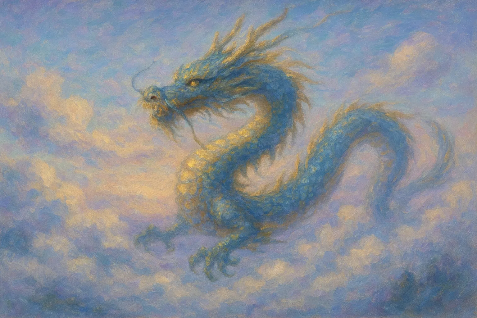 龍の印象派スタイルの絵｜雲海を漂う龍を優雅に表現した印象派スタイルの絵です。青と金の色調が柔らかく交わり、空に溶け込むような幻想的な姿が浮かび上がります。淡い筆の重なりが静謐さを生み出し、神秘的な雰囲気が漂います。