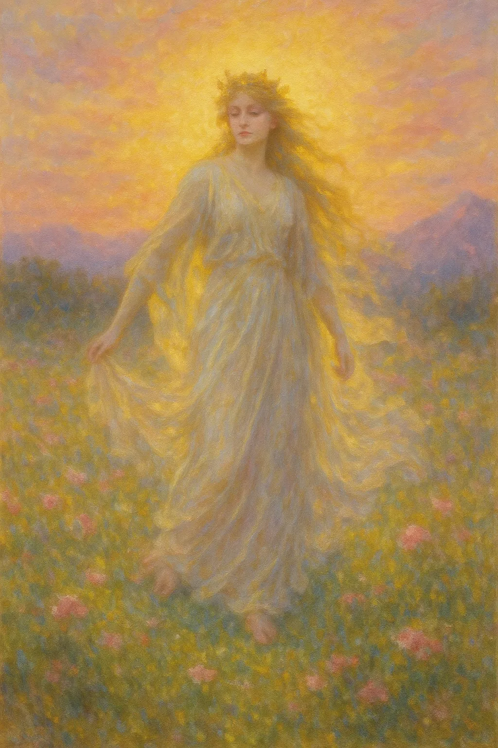 女神の印象派スタイルの絵｜柔らかな光の中で描かれた女神の印象派スタイルの絵は、淡い色調と繊細な筆致で幻想的な雰囲気を醸し出しています。花畑と夕暮れの輝きが調和し、神秘的で優美な世界観を演出しています。