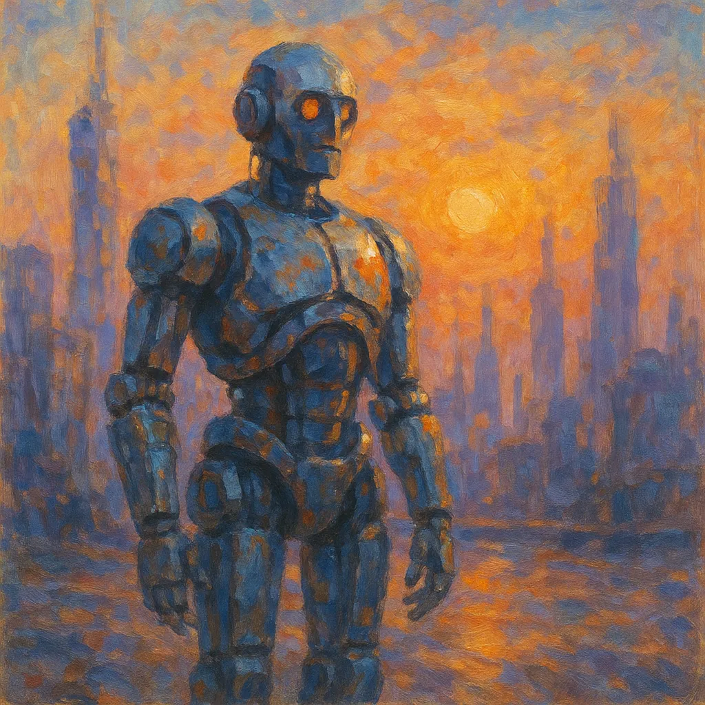 ロボットの印象派スタイルの絵｜夕暮れの街に佇むロボットの印象派スタイルの絵は、温かみのある光と冷たい金属質が対照的に描かれています。粗いタッチが未来都市の質感を際立たせ、力強さと孤独感を同時に表現しています。