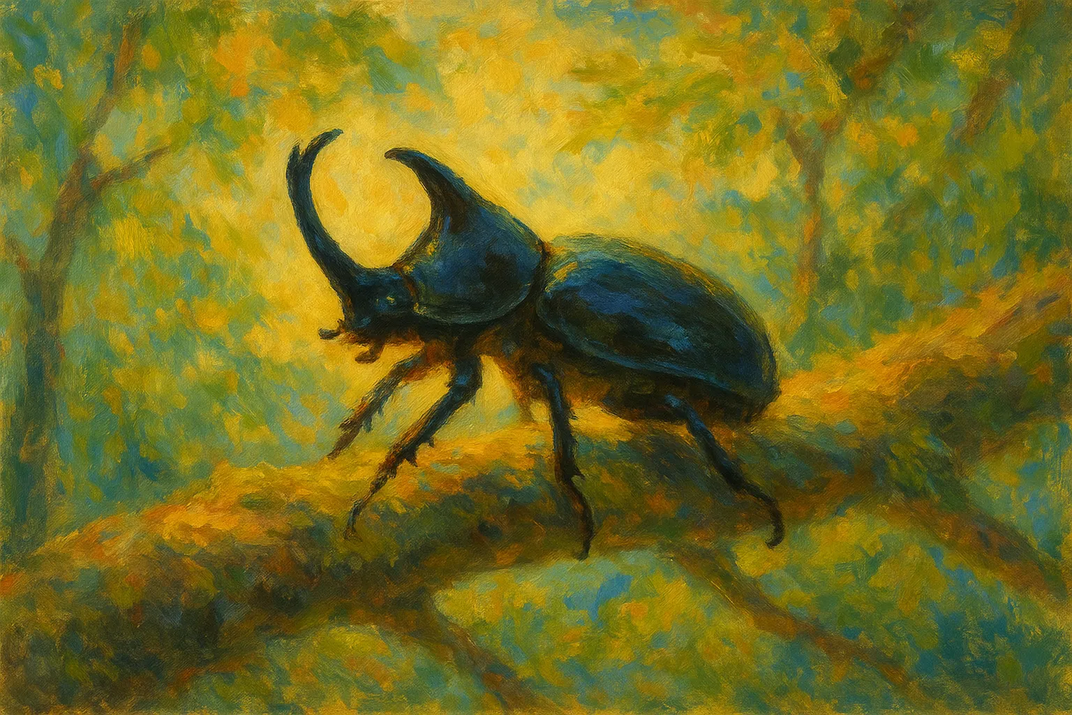カブトムシの印象派スタイルの絵｜森の木陰で光を浴びるカブトムシの印象派スタイルの絵は、緑と金色が混ざる筆致で生命感を際立たせています。硬質な甲殻と柔らかな光の対比が自然の力強さと美しさを鮮やかに伝えています。