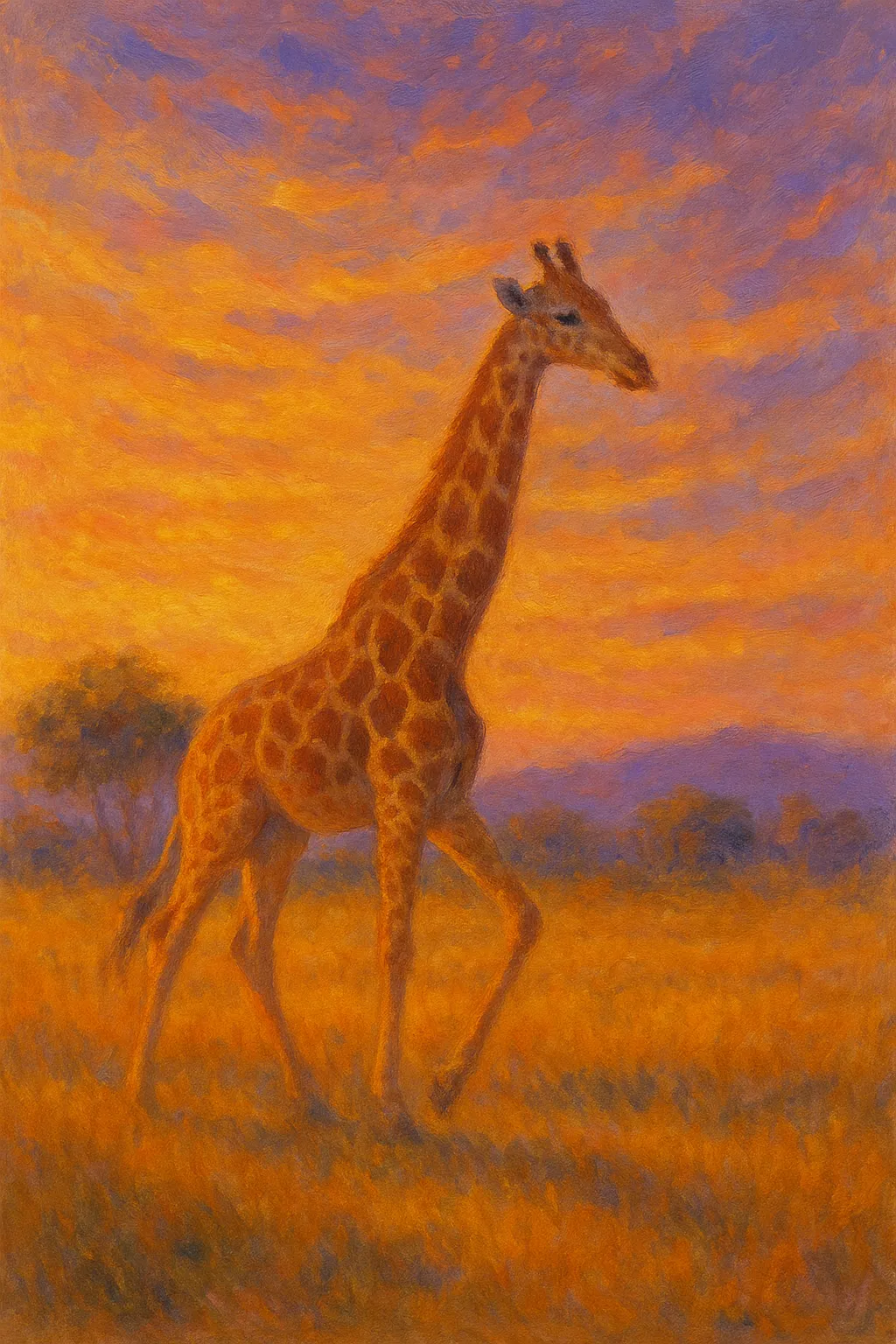 キリンの印象派スタイルの絵｜鮮やかな夕景の中で歩むキリンの印象派スタイルの絵は、長い首のシルエットが空に映え、優雅で静謐な印象を与えます。色彩の移ろいが幻想的に広がります。
