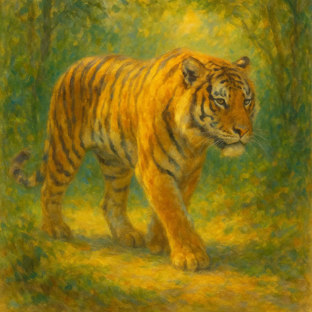 トラの印象派スタイルの絵｜森の光に包まれたトラの印象派スタイルの絵は、黄金の縞模様が柔らかな筆触で表現され、力強さと美しさが共存しています。光と影が生命感を一層引き立てています。