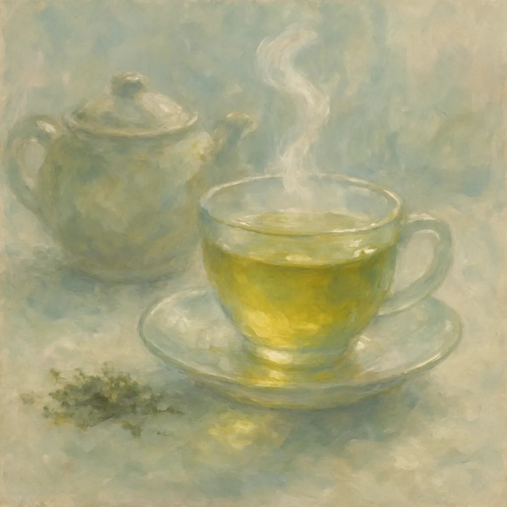 お茶の印象派スタイルの絵｜湯気が立ちのぼるお茶が透明なカップに描かれ、柔らかな光が注がれています。お茶の印象派スタイルの絵は、穏やかな時間と香り立つ温もりを思わせる優しい雰囲気を表現しています。
