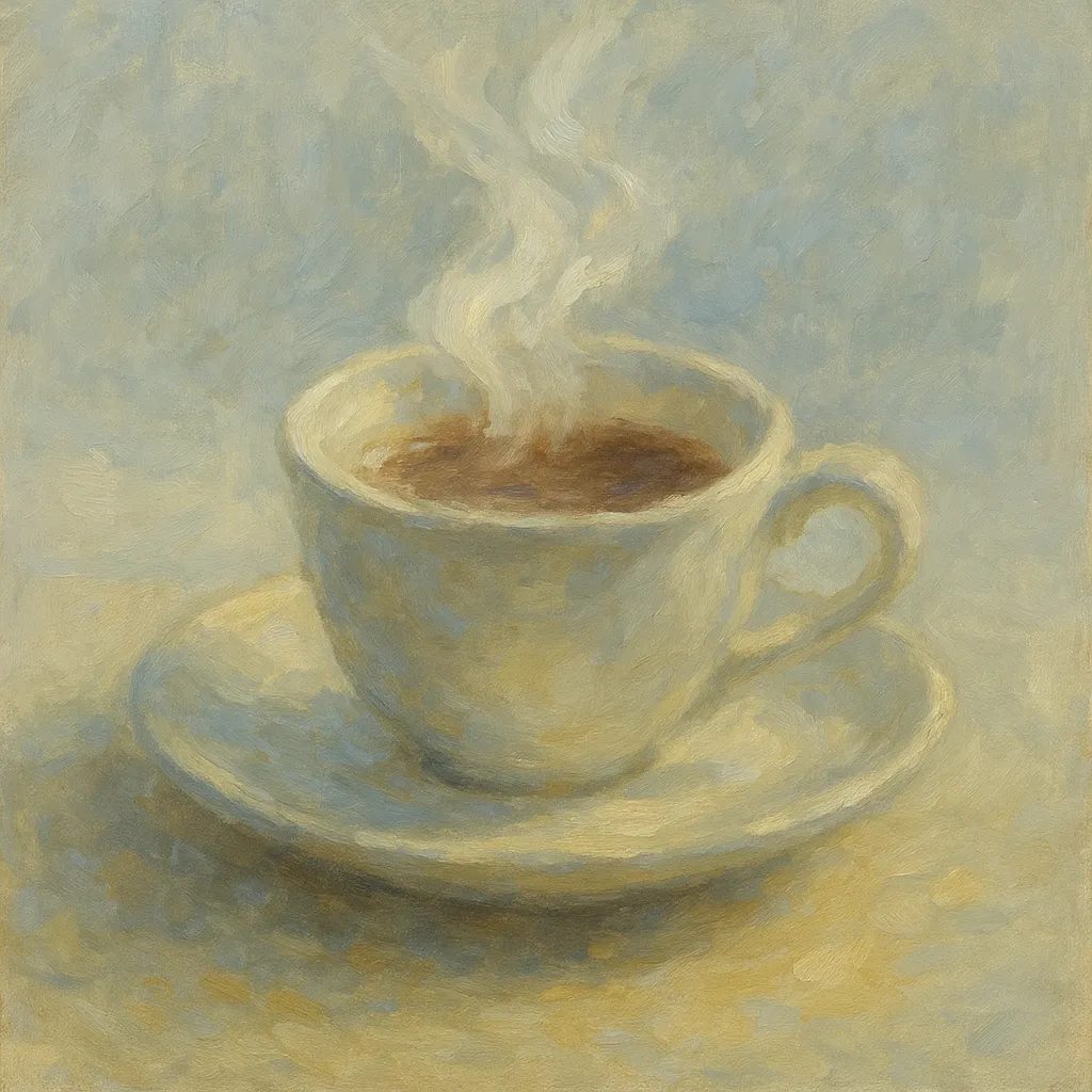 コーヒーの印象派スタイルの絵｜温かな湯気をまとったコーヒーが淡いタッチで描かれ、柔らかい光と影が心地よさを漂わせます。コーヒーの印象派スタイルの絵は、香ばしい香りと安らぎのひとときを感じさせる作品です。