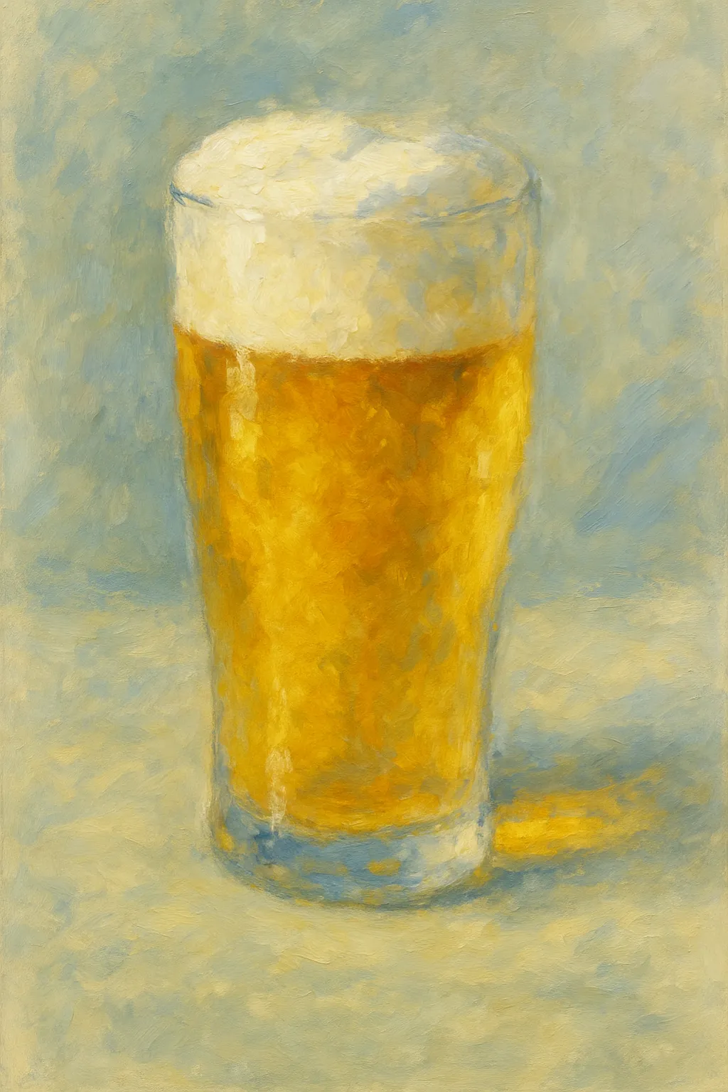ビールの印象派スタイルの絵｜泡立つビールが黄金色の輝きと共に描かれ、背景の光が涼しげな印象を添えています。ビールの印象派スタイルの絵は、爽快感と楽しげな気分を鮮やかに伝える表現となっています。