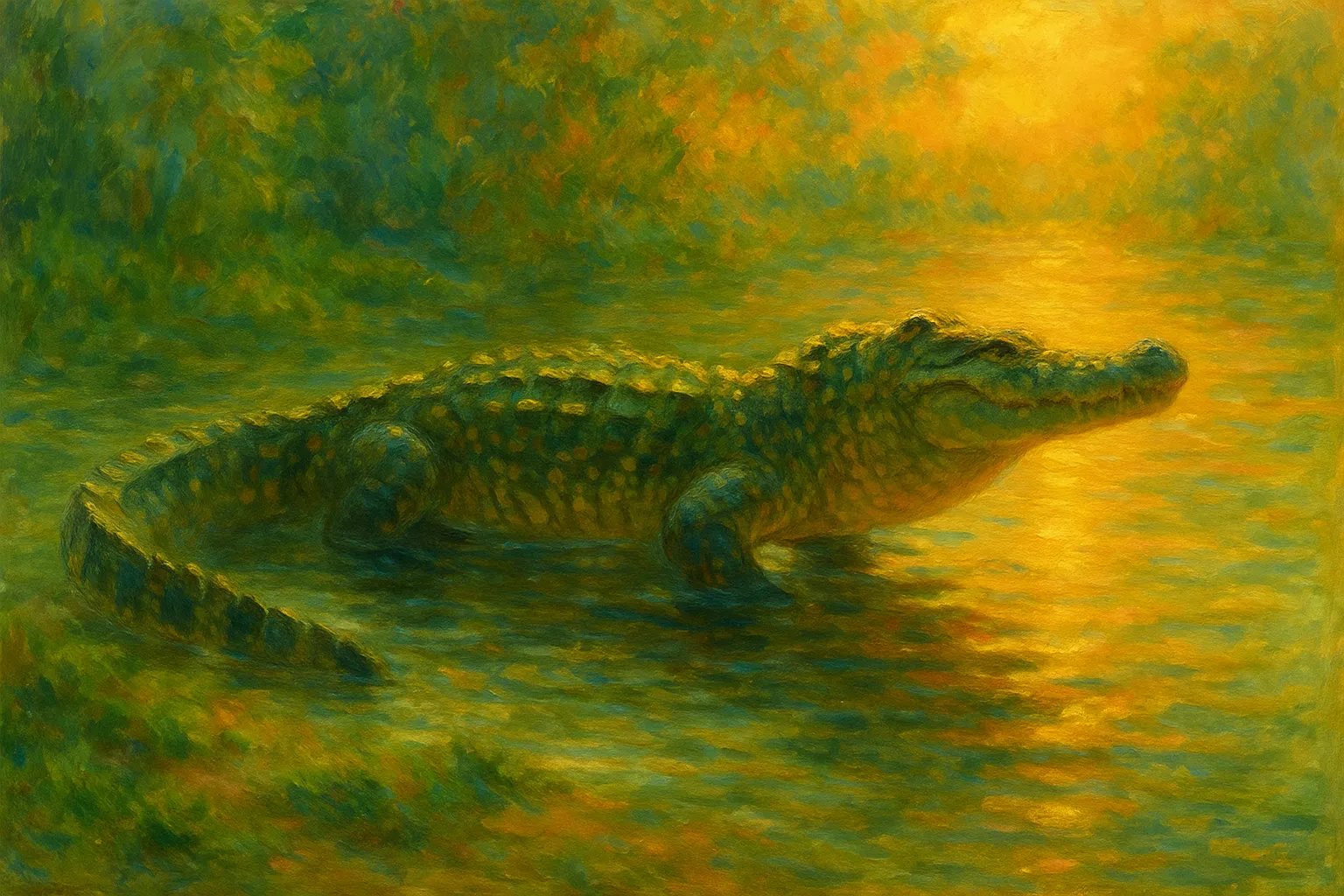 ワニの印象派スタイルの絵｜水面に映る光に浮かぶワニの印象派スタイルの絵は、緑と金の揺らぎが調和し、独特の迫力を描き出します。筆の粒子感が静かな水辺の緊張感を漂わせています。