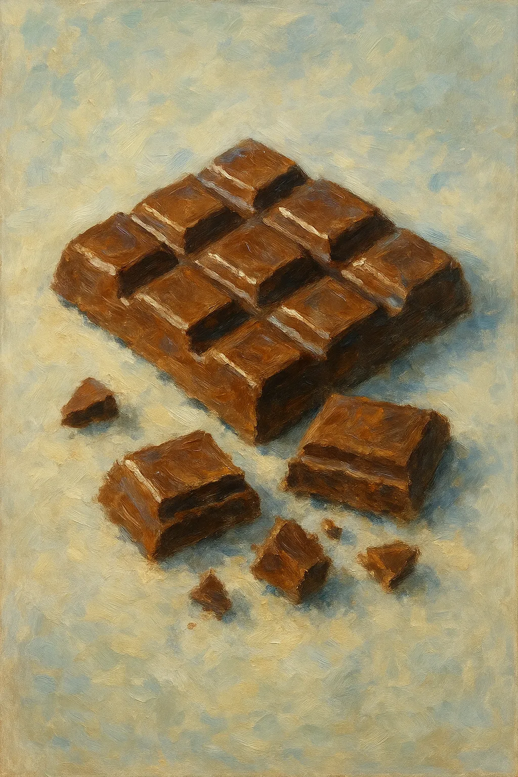 チョコの印象派スタイルの絵｜割られたチョコが柔らかな筆致で描かれ、濃厚な質感と甘やかな雰囲気が漂います。チョコの印象派スタイルの絵は、ほろ苦さと温かさを同時に感じさせる豊かな印象を与えています。