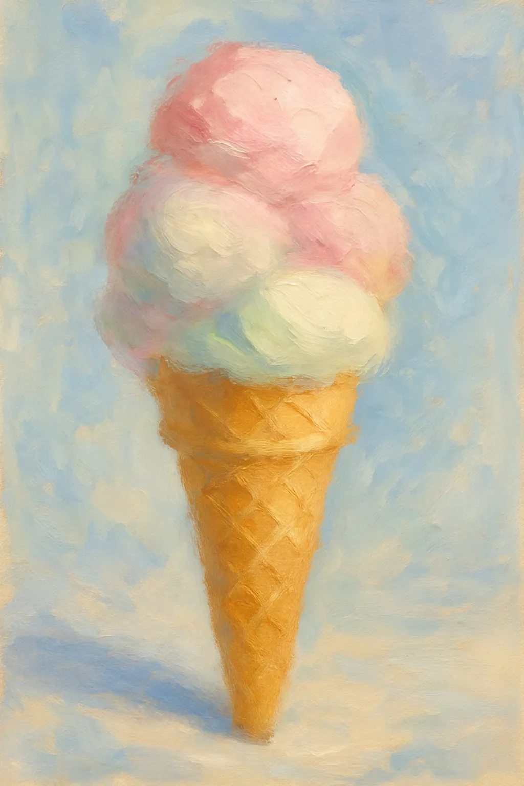 アイスの印象派スタイルの絵｜やわらかな光の中に描かれたアイスの印象派スタイルの絵は、淡い色彩が溶け合いながら優しい甘さを感じさせます。軽やかで夢のある雰囲気が漂います。