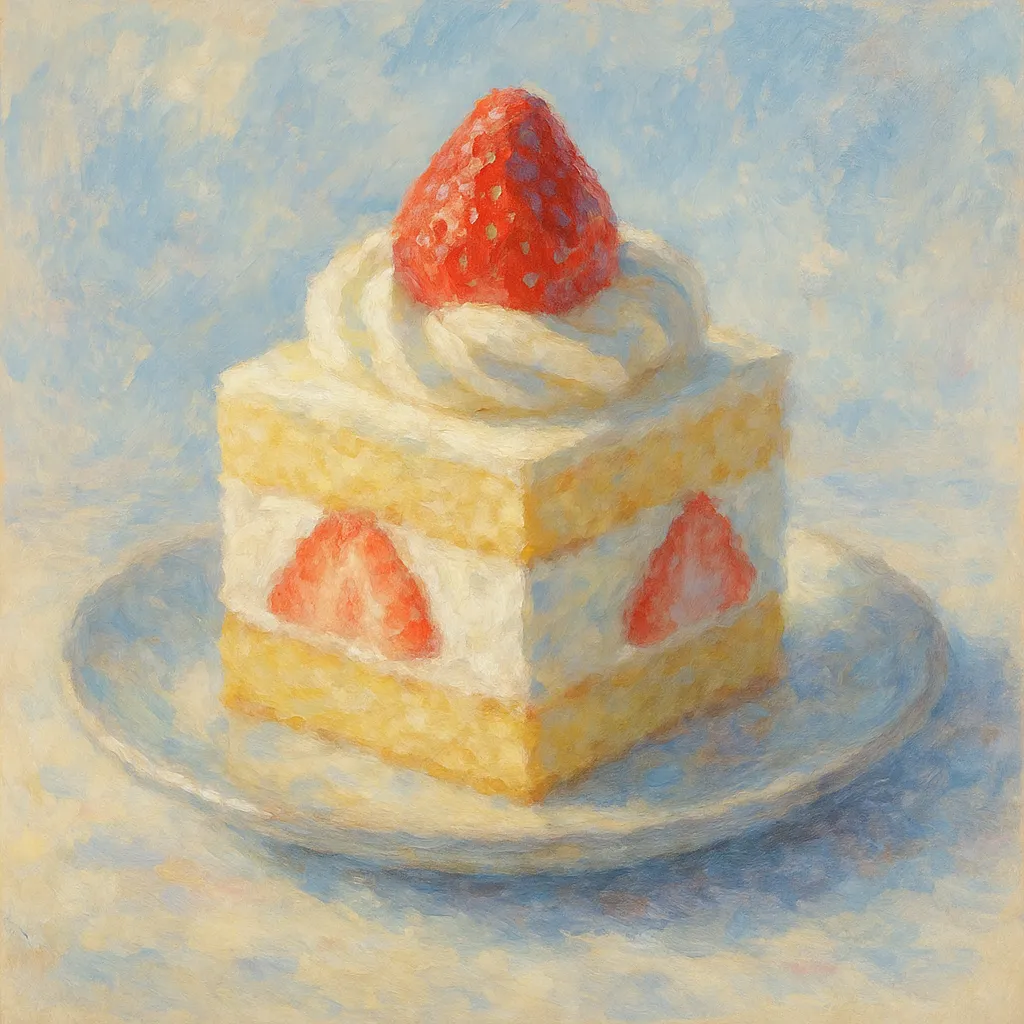 ケーキの印象派スタイルの絵｜鮮やかな赤のいちごが映えるケーキの印象派スタイルの絵は、柔らかなクリームとスポンジが軽やかに描かれています。甘やかで幸福感を誘う雰囲気が魅力です。