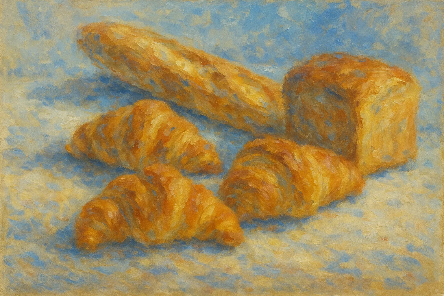 パンの印象派スタイルの絵｜温かみのある色彩で描かれたパンの印象派スタイルの絵は、光を浴びた焼き色が豊かに表現されています。素朴さと香ばしさを想起させる柔らかな雰囲気です。