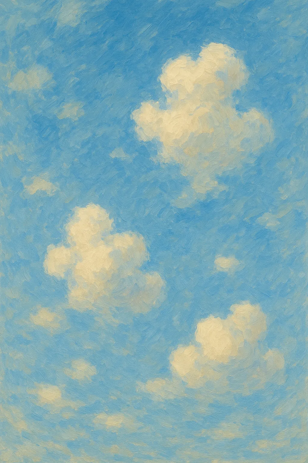 空の印象派スタイルの絵｜明るい青空に浮かぶ雲が描かれた空の印象派スタイルの絵は、軽やかな筆の動きが清々しさを表現しています。爽快で穏やかな雰囲気が広がります。