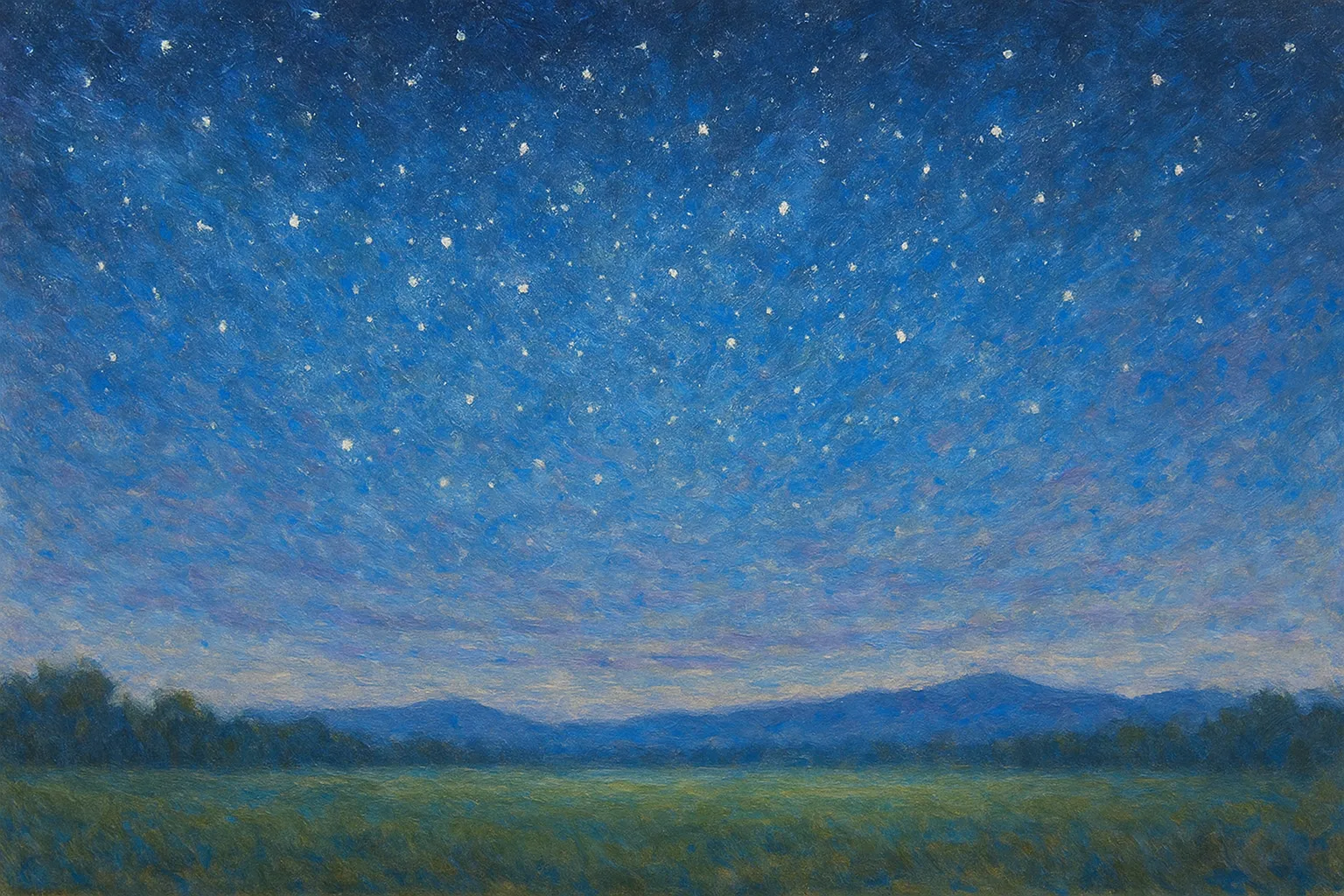 夜空の印象派スタイルの絵｜無数の星がきらめく夜空の印象派スタイルの絵は、濃淡のある青が幻想的に広がり、静謐で荘厳な雰囲気を生み出しています。