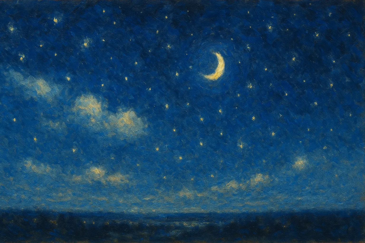 夜空の印象派スタイルの絵｜三日月が輝く夜空の印象派スタイルの絵は、星々の光と柔らかな雲が調和しています。神秘的で夢見心地な雰囲気を漂わせています。