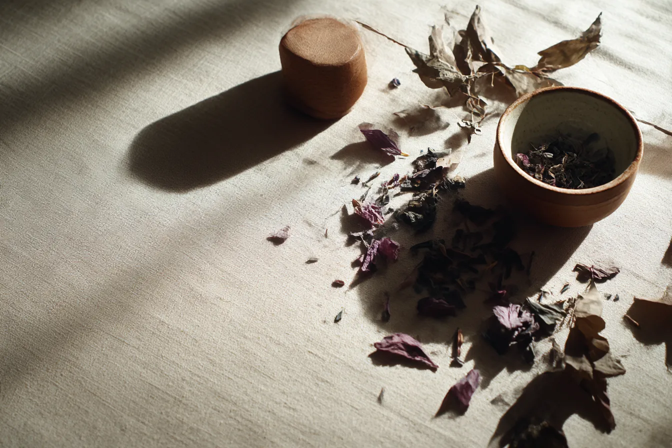 ベージュ背景の茶器とドライリーフ｜温かみのある布地に茶器と落ち葉が配置された構成。ベージュ背景が自然素材の質感を引き立て、光と影の対比が静けさを演出する。