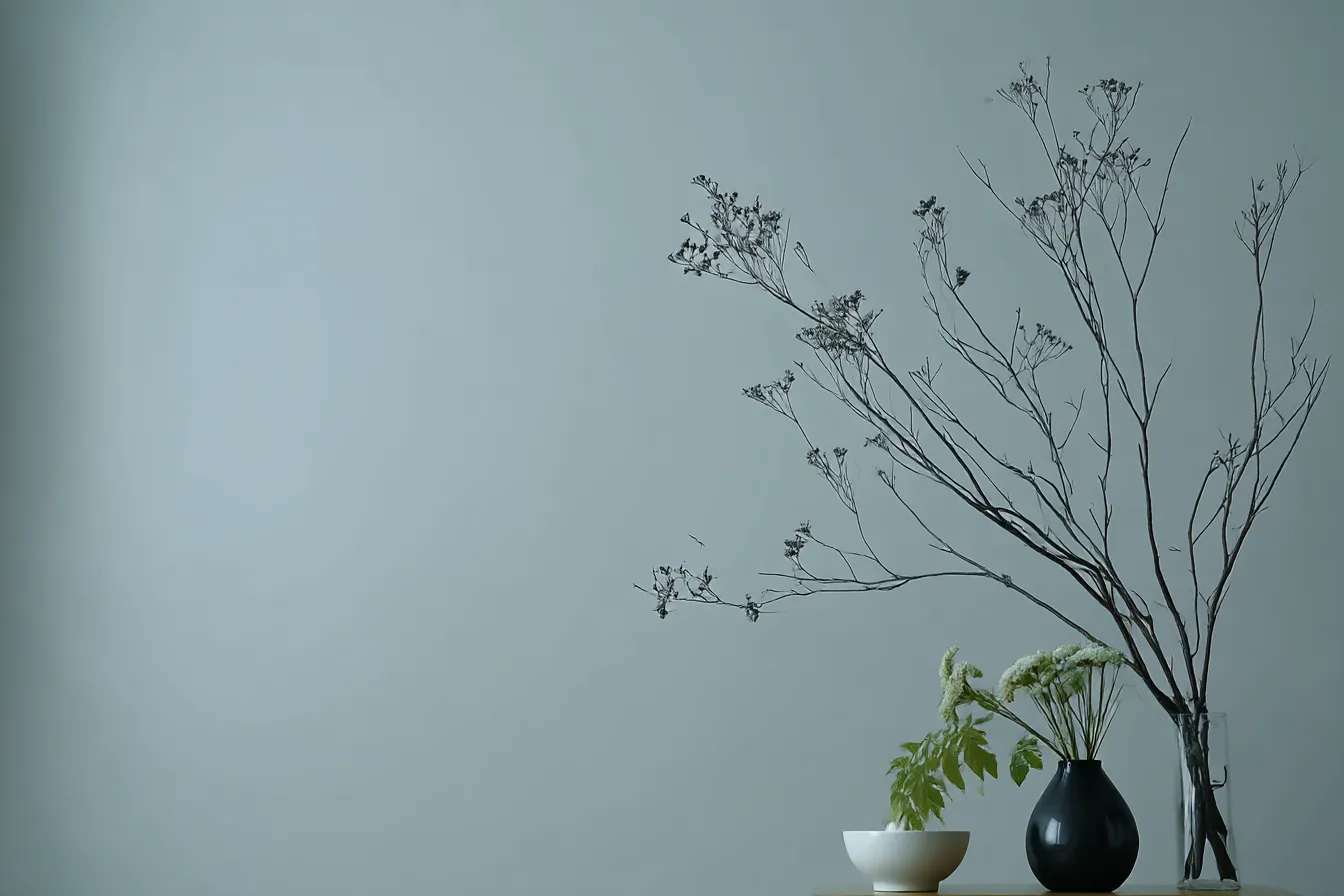 灰色背景のミニマル枝物アレンジ｜シンプルな花器と枝物が並ぶ構図。冷静で控えめな灰色背景が、自然素材との対比で繊細な緊張感と空間の静謐さを際立たせている。