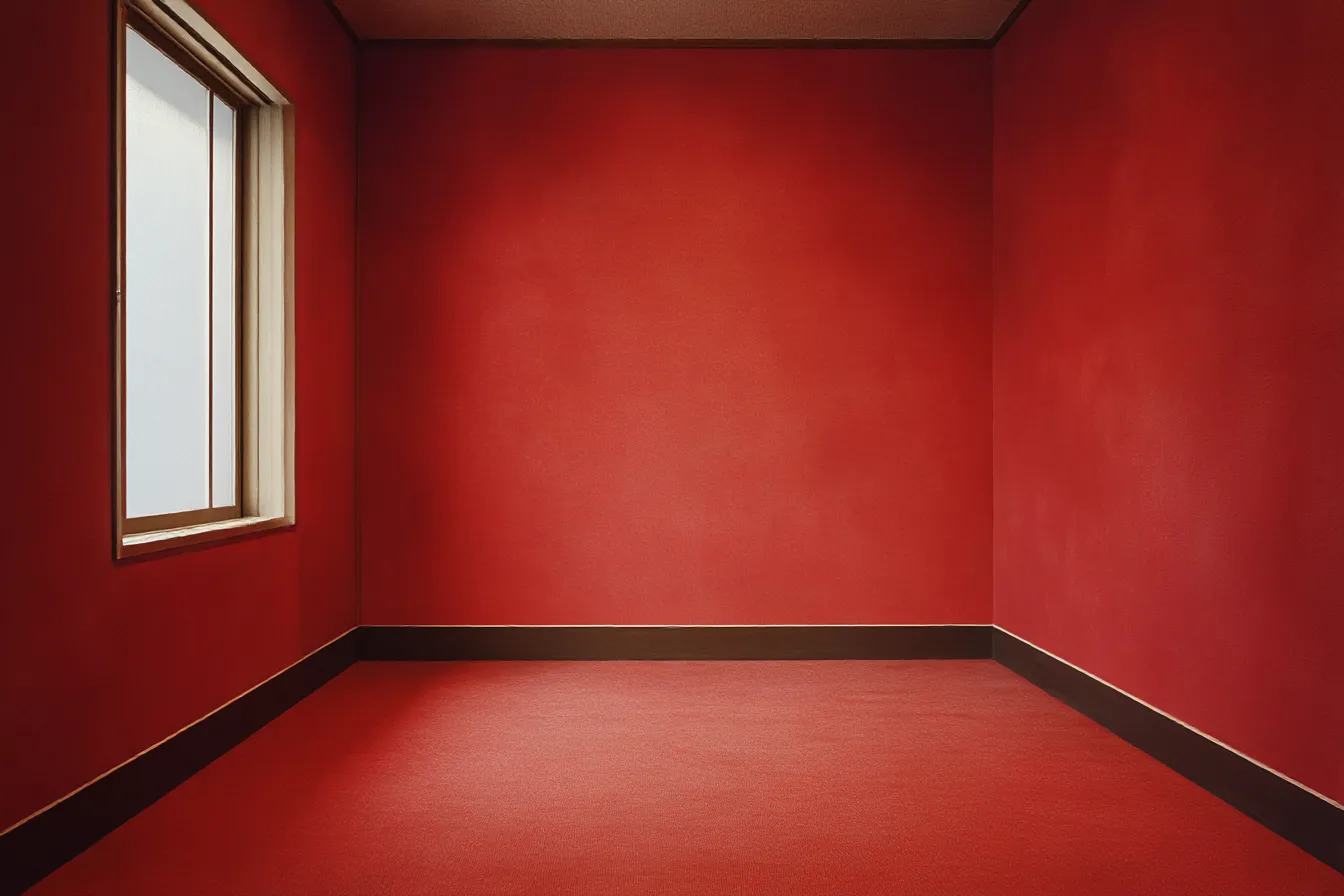 赤背景の窓付き空室インテリア｜自然光が差し込む室内の一角。赤背景がシンプルな空間に強烈な印象を与え、インダストリアルな冷たさと熱量を両立させている。