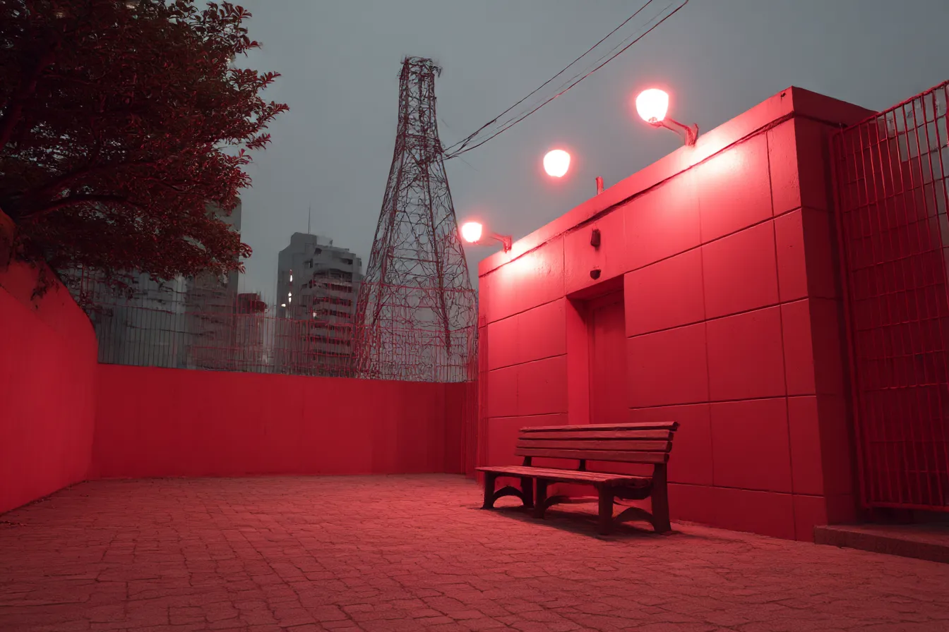 赤背景の屋外ベンチと照明壁面｜人工照明と無人のベンチが都市の片隅を演出。赤背景が冷たいコンクリートの質感に劇的なコントラストを与え、非現実的な雰囲気を生んでいる。