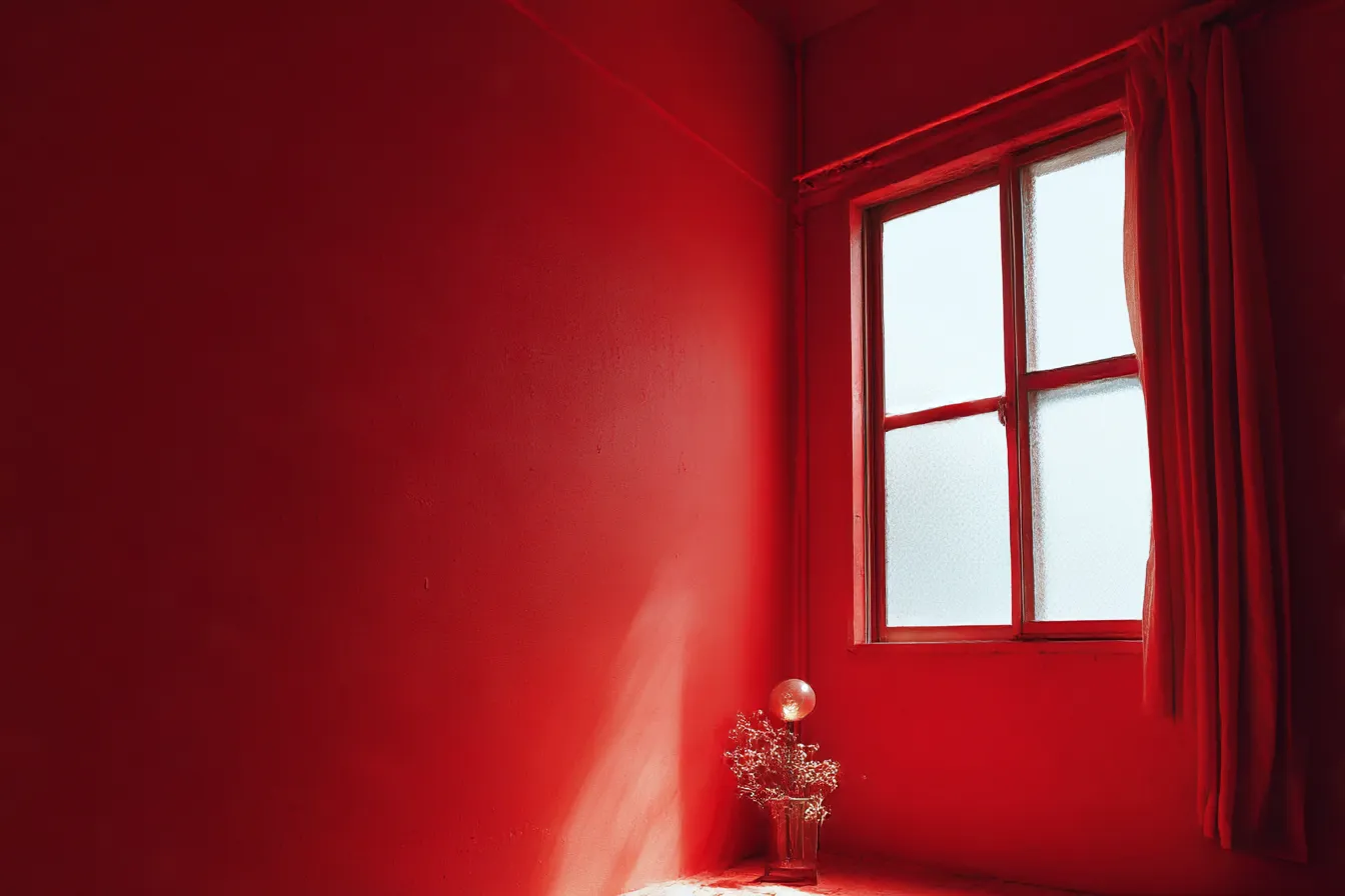 赤背景のレトロ窓辺インテリア｜古びたカーテンと曇りガラスの窓が印象的な構成。赤背景が空間全体に時間の堆積と温度を与え、無機質さに情緒を加えている。