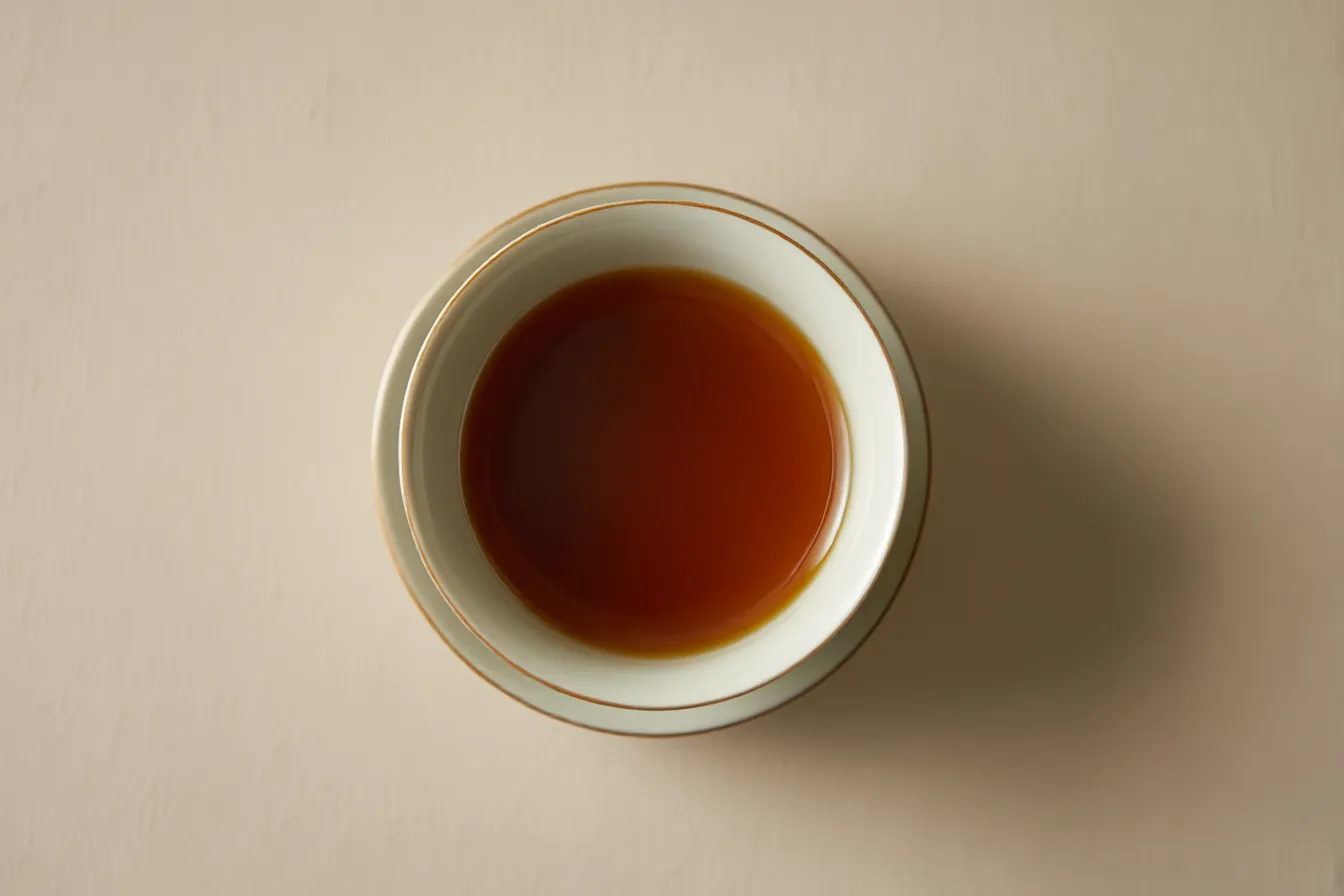 上空から見た紅茶の茶色背景｜柔らかな陰影のある単色面に、上から見た紅茶が中央に配置され、質感のある茶色背景が温もりと洗練を感じさせる構図です。