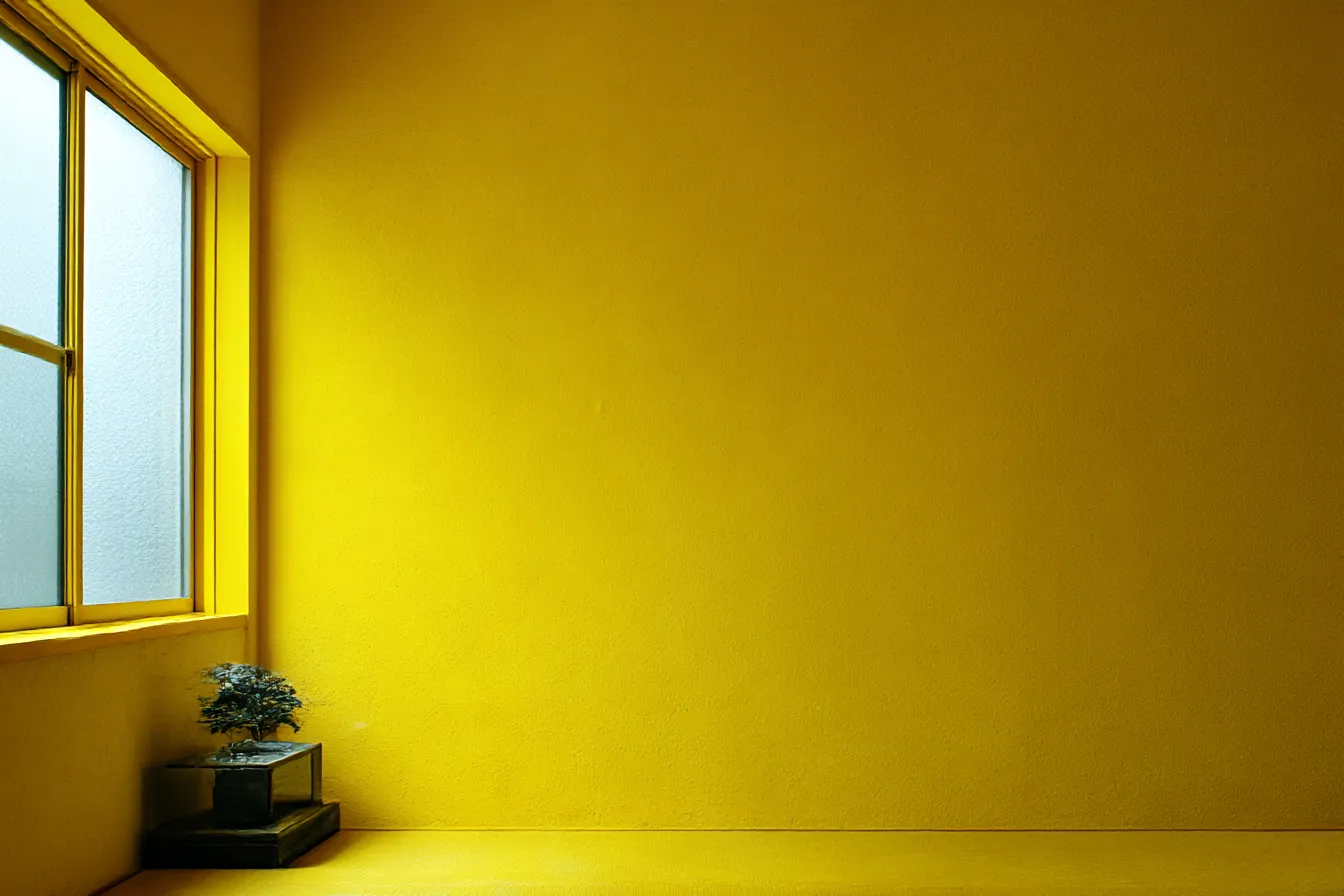 イエロー背景と盆栽のミニ空間｜彩度の高いイエロー背景に盆栽が配置された構図は、色と無機質モチーフのコントラストが印象的で、静と動を感じさせるデザイン素材です。