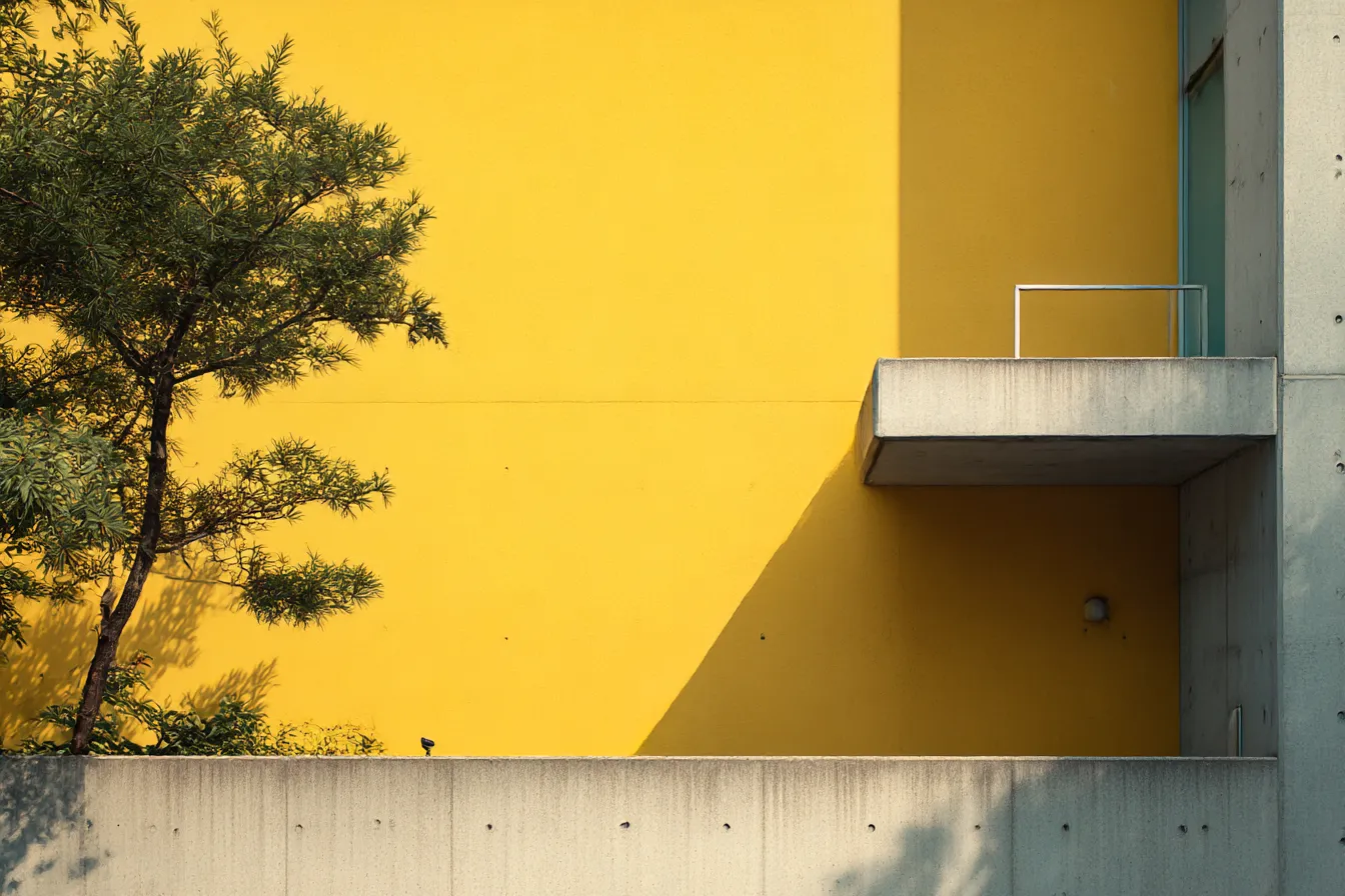 イエロー背景とコンクリ壁のバルコニー｜コンクリートの壁と手すりに対して強烈なイエロー背景が広がる構成で、光と影の形状が際立ち、建築的で硬質な雰囲気を醸します。