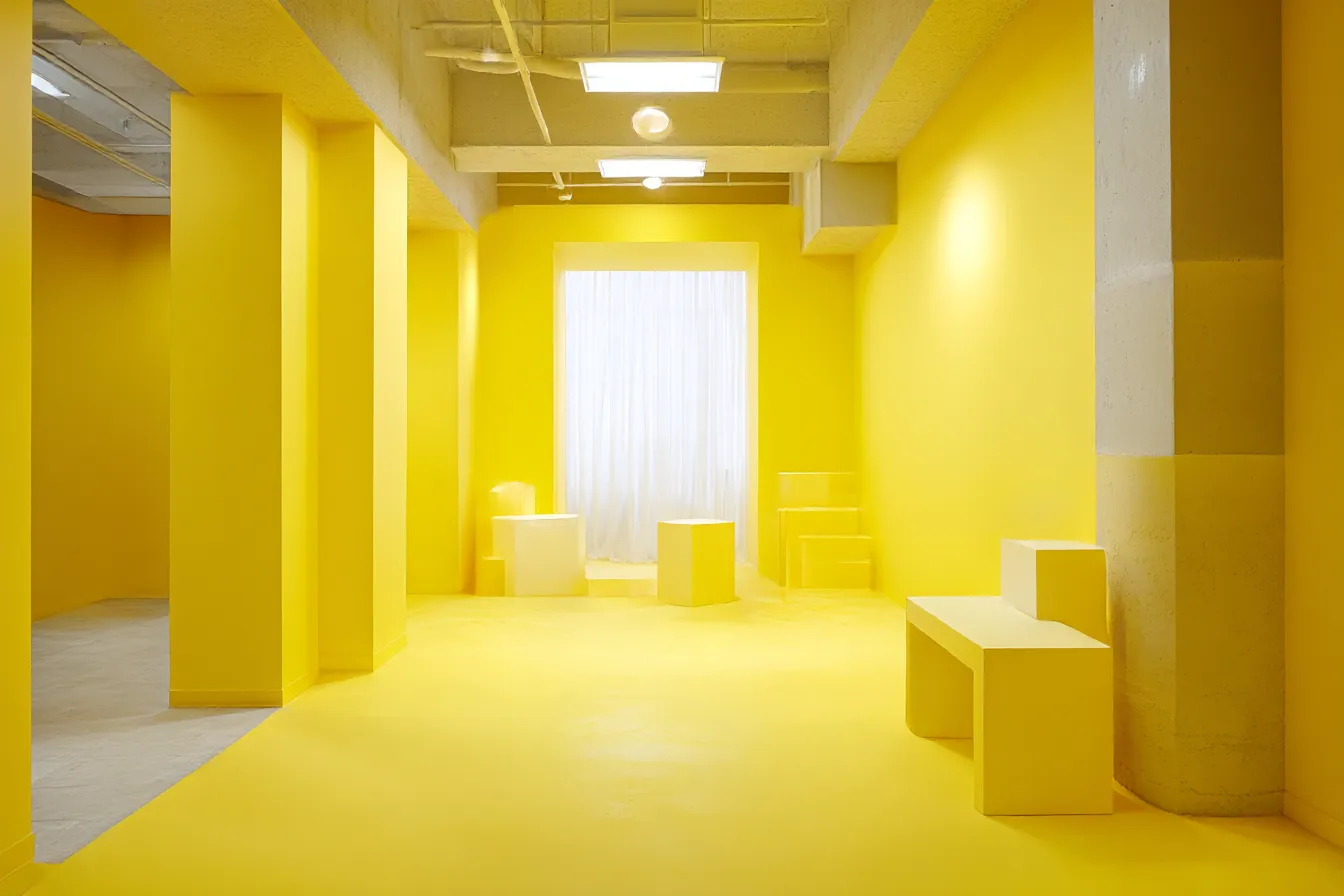 イエロー背景とミニマルな展示室｜柱と壁が一体化したようなイエロー背景により、人工照明と陰影のリズムが強調され、構造美と空間の深さを演出する無機質素材です。