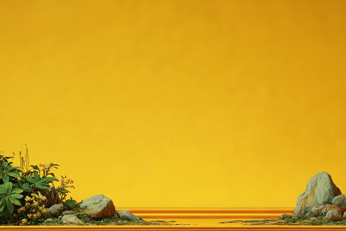 イエロー背景と岩と植物の構成｜植物と岩の配置が自然美を取り入れつつ、フラットなイエロー背景によって非現実感を強め、装飾的かつ人工的な雰囲気を生み出します。
