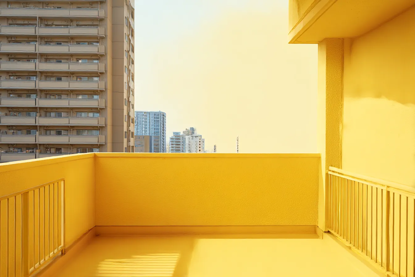 イエロー背景と高層ビルの眺望｜都市風景を切り取るバルコニーのイエロー背景が、直線的な建築物との対比で平面的な印象を高め、構造のリズムを際立たせます。