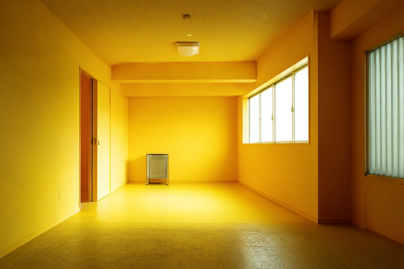イエロー背景と空の明るい一室｜自然光に包まれたイエロー背景の空間は、シンプルでありながら光の質感を強調し、静謐でどこか非現実的なインテリア素材となります。