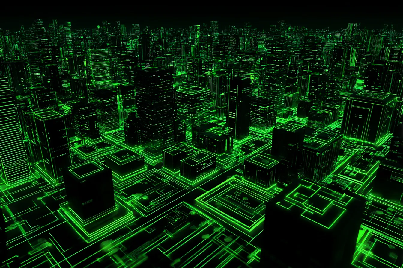 緑背景の都市グリッド構造｜俯瞰視点で描かれた光る都市構造。建築物の輪郭を強調するラインが緑背景と融合し、電脳都市のような無機的世界観を表現している。